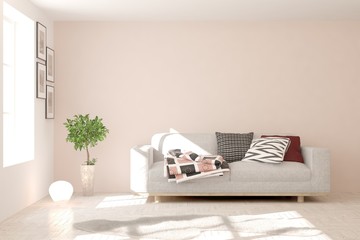 White living room with sofa. Scandinavian interior design. 3D illustration