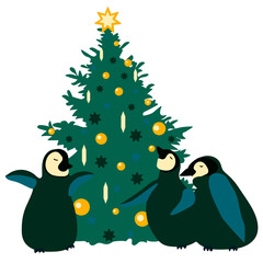 Hand drawn vector illustration with cute penguins celebrate new year\ Christmas with Christmas tree