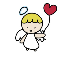 A little cartoon angel with a halo above his head, holding a heart-shaped balloon in his hand. Vector