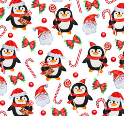 Christmas and New Years pattern: penguins, Santas, sweets, bows. Idea for wallpaper, background for website, wrapping paper, textiles, prints.