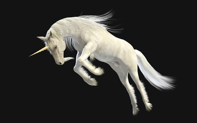 Obraz na płótnie Canvas 3d Illustration Mythical White Unicorn Posing Isolate on Dark Background with Clipping Path.