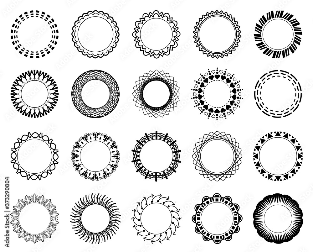 Poster circle frame set. collection of black flat rounded frames, with contour lines and shapes. isolated o