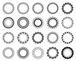 Circle frame set. Collection of black flat rounded frames, with contour lines and shapes. Isolated on white background