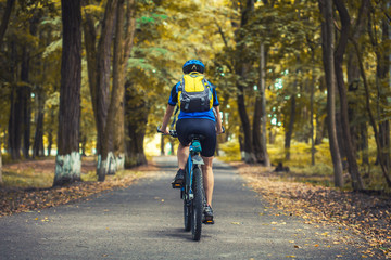 woman cyclist rides mountain bike forest trails.