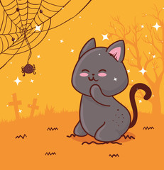 happy halloween, with cute cat and spider vector illustration design
