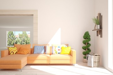 White living room with sofa. Scandinavian interior design. 3D illustration
