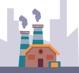 Vector factory icon. Vector illustration of an industrial landscape in a flat style. Industrial plant on the background of a modern city. Smoking pipes. Problem of ecology.