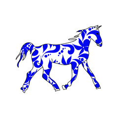 outline illustration of a horse with floral patterns in blue, symbol of the year according to the eastern horoscope, vector silhouette of an animal