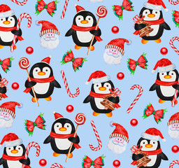 Christmas and New Year pattern: penguins, Santas, sweaters, bows on a light blue background. The idea of wallpaper, background for the site, wrapping paper, textiles, prints.