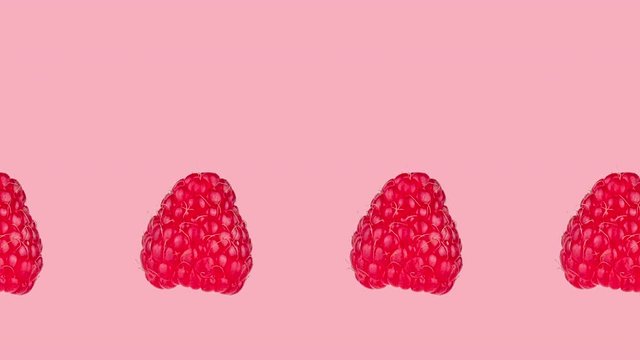 many fresh ripe raspberry animated on a pink background close-up. seamless looping of realistic 3d food. minimal stop motion design art with copy space for text
