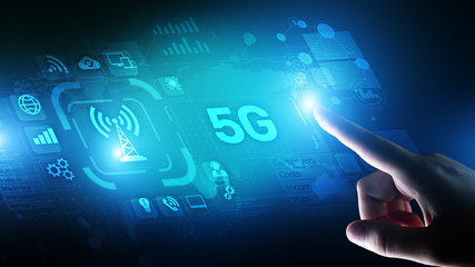 5G Fifth generation of mobile internet. Fast connection. Telecommunication concept on virtual screen.