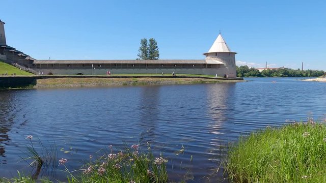 Pskova river at the Pskov Kremlin on a Sunny July day
