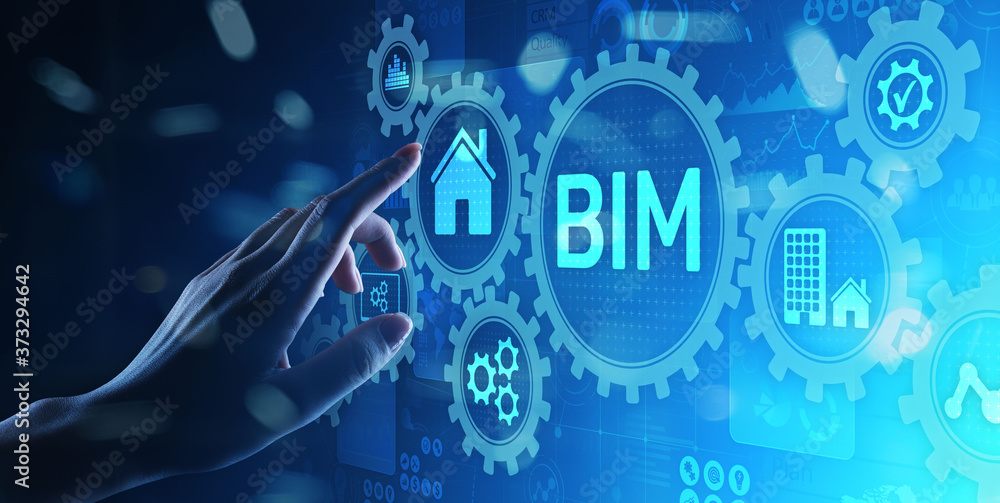 Poster bim building information modeling technology concept on virtual screen.