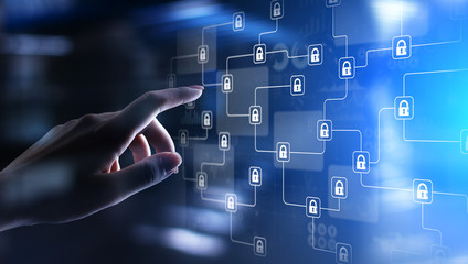 Blockchain cryptography technology, fintech and internet concept on virtual screen.