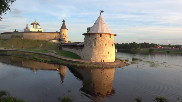 Sunny July evening at the Pskov Kremlin. Russia