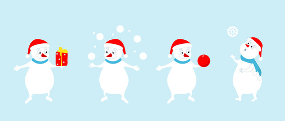 Vector set of cartoon snowmen. Christmas and New Year vector illustration of winter holiday characters. Design for greeting cards, banners.