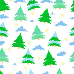 Bright pattern for baby textiles. Stylized green and colored fir trees, clouds and stars isolated on a white background. Cartoon vector stock illustration.