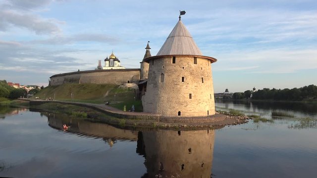 Flat tower close-up on a Sunny July evening. Pskov, Russia 