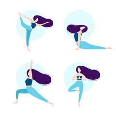 Yoga clip art, various pose. Fitness and healthy lifestyle. Pretty girl with long dark hair doing exercise. Fitness program. Isolated vector illustration