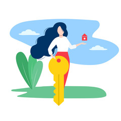 Real estate agent holding big key and offering house. Young girl selling apartment. Relocating to new home. Isolated vector illustration