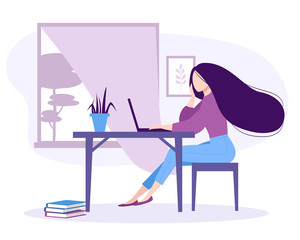 Home office, coworking space. Young pretty girl working on laptop in the room or apartment. Freelance worker, self employed, studying concept. Isolated vector illustration