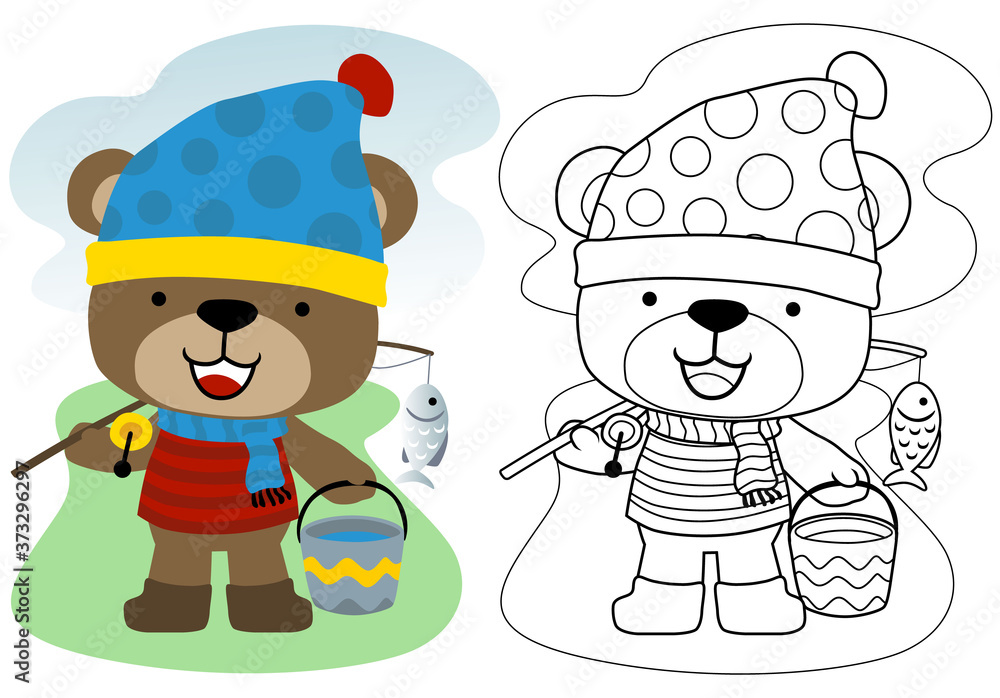 Wall mural little bear cartoon with fishing tackle, coloring book or page