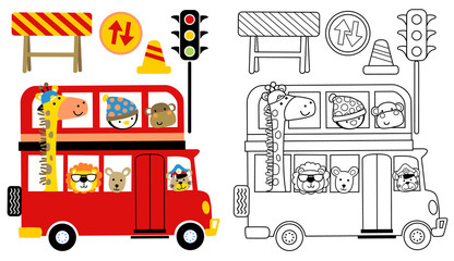 cute animals cartoon on red bus with traffic signs, coloring book or page © Bhonard21