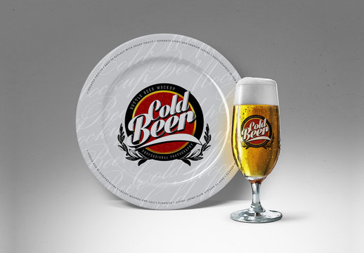 Cold Glassware Beer Goblet and Dinner Plate Mockup