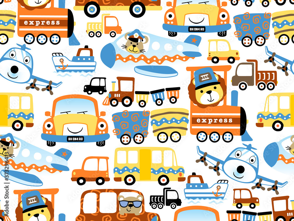 Wall mural seamless pattern of colorful vehicles cartoon with cute animals