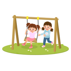 Vector illustration of school kids playing the swing in the playground. Free play for children help develop movement and muscle and improve brain in multifunctions from play activities. - obrazy, fototapety, plakaty