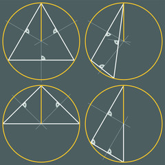 Construction of a circle circumscribed on a triangle. Two-dimensional geometric figure, school geometry.