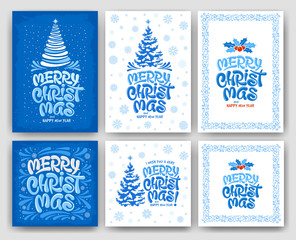 Merry Christmas greeting card set with artistic and unique lettering. Handwriting calligraphy typography set. Easy to use for any designs on Christmas and New Year. Vector illustration.