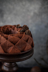 Chocolate cake on a high wooden stand. Unusual muffin. Photo in dark shades.