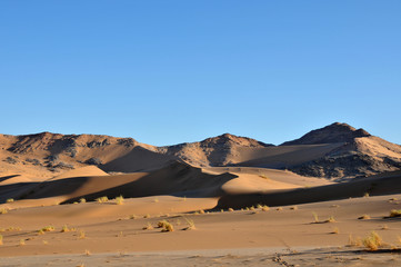 Plakat The Namib Desert is an artwork of rocks, red and yellow sand rimmed by bright blue skies