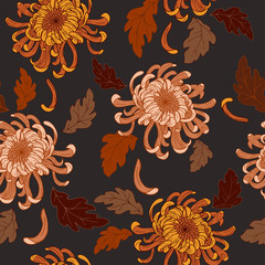 autumn chrysanthemums and wilted leaves, seamless vector vector illustration
