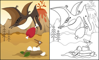 cartoon of pterodactyl feeding its cub with meat, coloring book or page