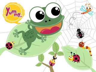 Obraz premium Funny frog cartoon with bugs