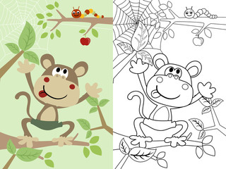 vector illustration of funny monkey on tree, coloring book or page