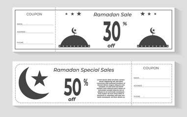 Collection of Ramadan Gift Coupons with various discount offers, special sales of Ramadan, mosque and crescent.