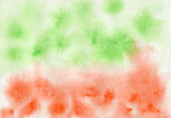Watercolor brush strokes on textured paper. Green and red colors. Abstract background.