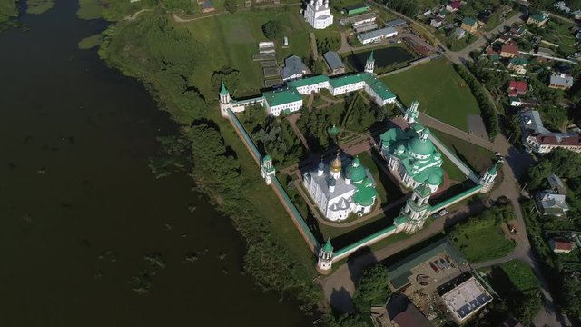Top view of the old Spaso-Yakovlevsky Dmitrov monastery on a Sunny July day (aerial video). Rostov the Great, the Golden ring of Russia 