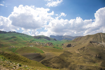 Beautiful landscape in the mountains at summer in daytime. Mountains at the sunset time. Azerbaijan, Caucasus. Khinalig