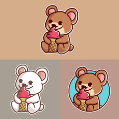 set of cute ice cream bear mascot logo with optional apprearance. premium kawaii vector