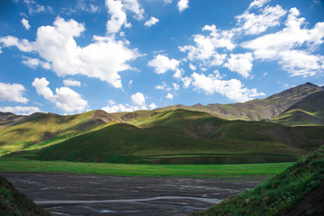 Beautiful landscape in the mountains at summer in daytime. Mountains at the sunset time. Azerbaijan, Caucasus. Khinalig