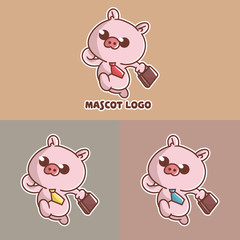set of cute pig worker mascot logo with optional apprearance. premium kawaii vector