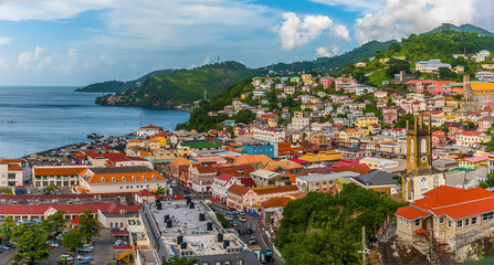A view over St Georges from the Fort above the town in Grenada - obrazy, fototapety, plakaty
