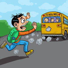 Schoolkid late to school chasing the bus