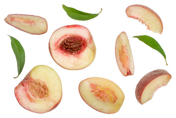 Peach slices isolated on white, top view