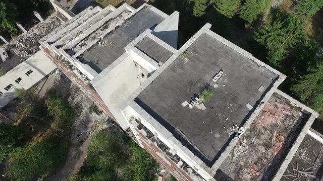 The destruction of the remnants of communism (drone image).Totally marauded and vandalised by ukrainian patriots after Revolution Dignity in 2014 kids summer camp. Kiev region. Ukraine