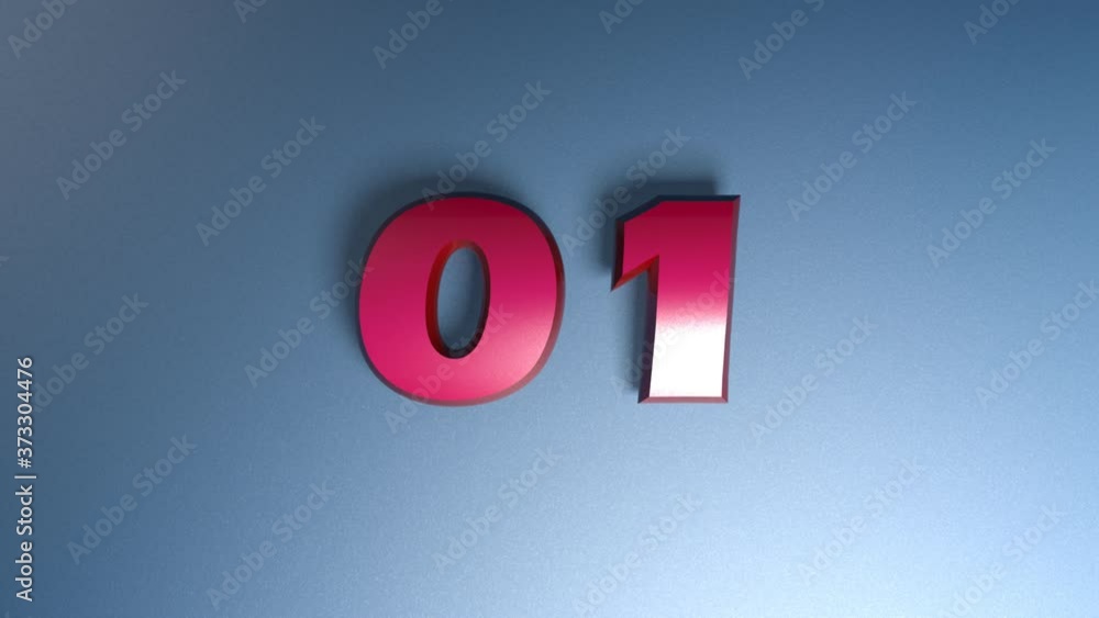 Poster the write 01 in red metallic digits, on blue shiny background - with two horizontal bars passing fro